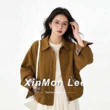 韓式復古短版拉鍊夾克，休閒通勤日常冬季穿搭 - 棕色 - 查看 2