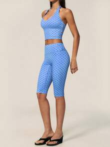 TimeOff Women's One Set Polka Dot Halter V-Neck Backless Tank Top & Bermuda Shorts Sports Set - Baby Blue - View 9