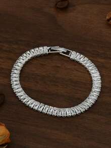 1pc/4pcs Minimalist European & American Hip Hop Premium Zirconia Tennis Bracelet, Stackable, Suitable For Women's Party And Daily Wear - Silver - View 5