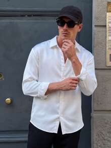 Lookun Men's Draped Fit Point Collar Long Sleeve Slim  Italian Luxury Style Pure White Left Chest Pocket Single-Breasted Smooth Commuter Shirt,Spring/Autumn - White - View 2