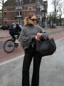 Oversized High Neck Loose Knit Sweater For Women, European And American Stylish Dark Grey, Suitable For Winter Fall - Dark Grey - View 4