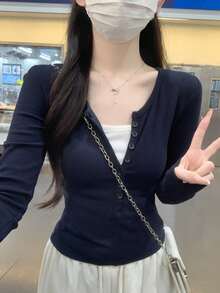 女款 2 合 1 鈕扣式修身百搭長袖 T 恤，適合日常休閒穿著 - 藏蓝色 - 查看 5