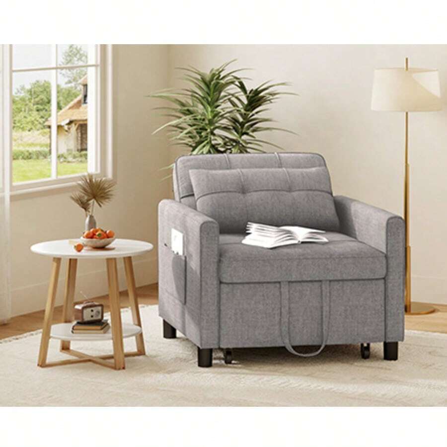 Asofer Sofa Bed Multifunctional Pull-Out Single Sofa 3-Level Adjustable Fabric Sofa With Side Pockets Folding Sofa For Small Living Room - Light Grey - View 1