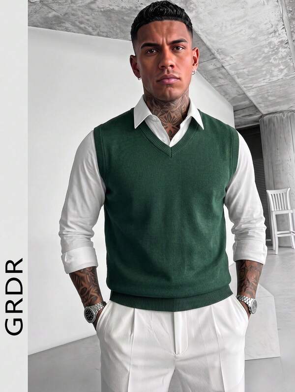 GRDR Men's Solid Color V-Neck Casual Versatile Knit Vest