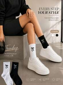 20/10/5/1 Pair Women's Bow Pattern Knitted Short Socks, Soft Elastic, Breathable Casual Mid-Calf Socks, Suitable For Daily Wear, Black And White Classic Aesthetic Socks, Y2K Balletcore Street Style Socks - Multicolor - View 2