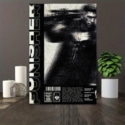 1pc Canvas Wall Art Print, Grunge Grainy Black White The Punisher Distressed Comic Poster, Retro Anti Hero Comic Wall Decor For Bedroom Living Room Office Western Home, Classic Superhero Fan Gift For Halloween Christmas Holiday