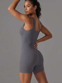 Women's Ribbed Fitness Romper Gym Workout Bodysuit - 玫紅色 - 查看 3
