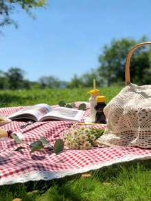 1pc Charming Red & White Plaid Rectangular Picnic Blanket - Woven Rayon Tablecloth With Lace Trim, Suitable For Winter Camping, Beach Outings, Photography Backdrop, Picnic Accessories - Multicolor - View 4