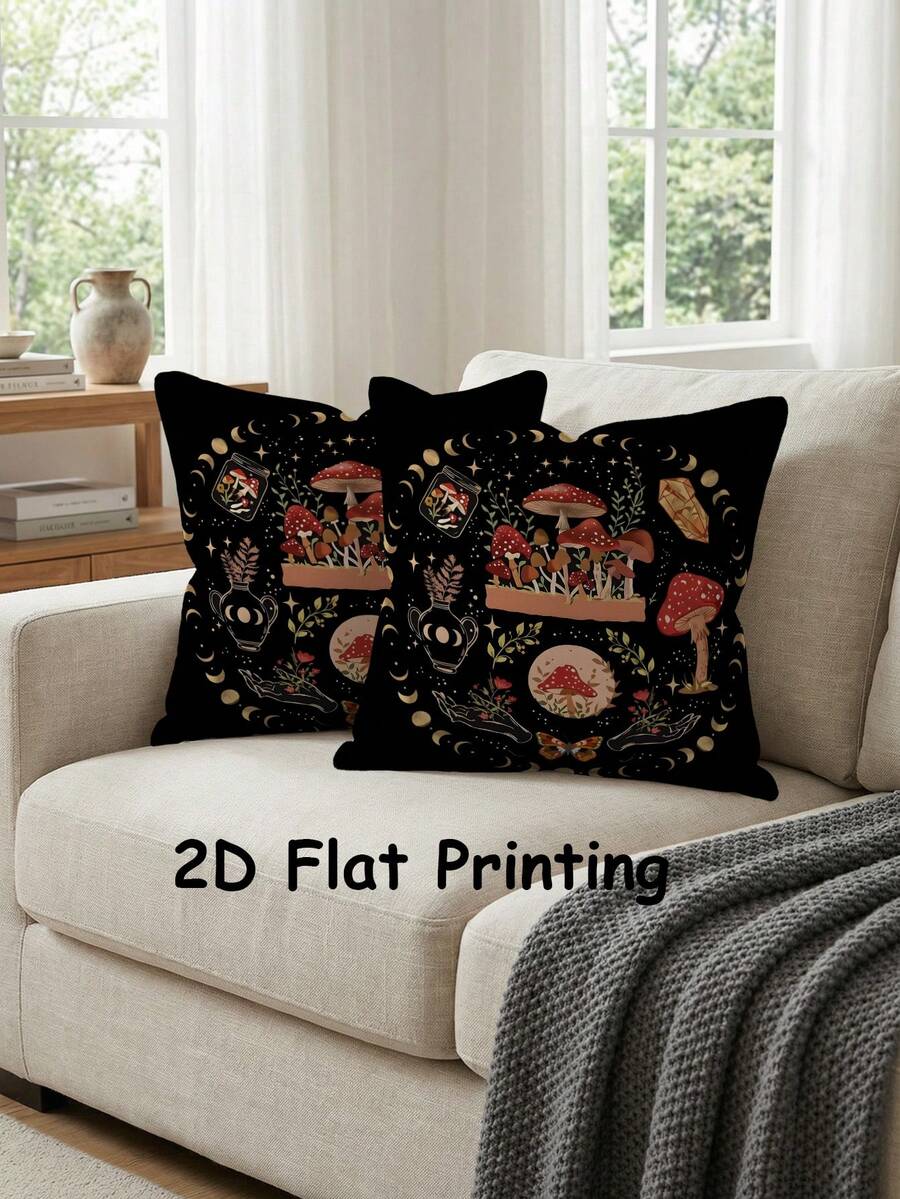 2Pcs Watercolor Pumpkin Autumn Throw Pillow Case, Black And White Polka Dot Mushroom Bow Thanksgiving Farmhouse Throw Pillow Cover Home Sofa Holiday Party Decoration Living Room Bedroom Bed Sofa Cushion Cover Cushion Case (Unstuffed) - Black - View 1