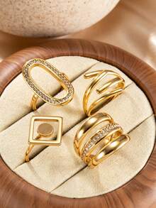 4pcs Summer Elegant Stainless Steel Rhombus Oval Geometric Rhinestone Women's Stackable Ring Set, Suitable For Daily Wear, Dating, Afternoon Tea, Store Visiting, Party, Atmosphere Accessory, Open Adjustable - Gold - View 1