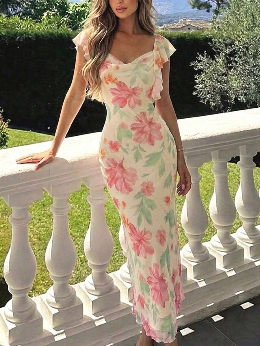 女士优雅浅黄色碎花方领荷叶边中长连衣裙,时尚性感夏季连衣裙,浪漫花园派对装扮 - 粉色 - 查看 1