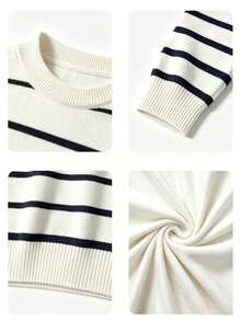 Tween Boys Striped Crew Neck Knit Sweater, Long Sleeve Slim Fit Casual Fall Knitted Pullover Tops For Everyday Wear - Apricot - View 5