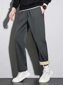 Men's Wool Lined Straight Leg Winter Pants, Elastic Drawstring Waist, Zipper Side Pockets, Thickened Warm Sports Pants, Casual Cold-Proof Trousers - Dark Grey - View 2