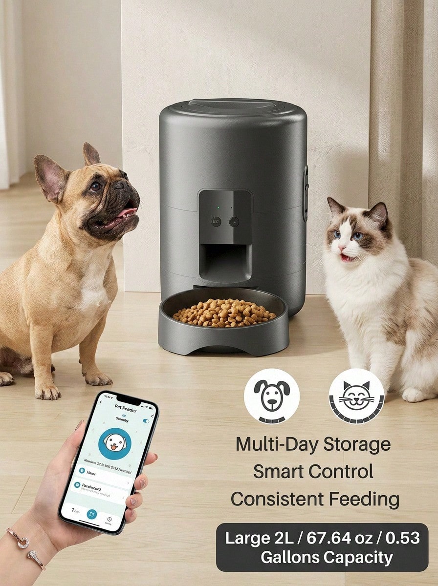 PETSIN 2L/67.64oz 自动猫喂食器，智能宠物喂食器，双频 2.4G WiFi 自动狗喂食器，带应用程序控制的圆形自动宠物食品分配器，USB 供电（不含适配器），迷你遥控猫狗食品分配器，用于每日定时喂食 - 彩色 - 查看 1