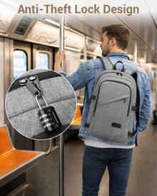 Laptop Backpack 15.6 Inch Large Travel Rucksack USB Charging Port Anti Theft Lock Water Resistant Computer Backpack For Men Women School Office - Light Grey - View 4