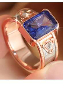 Gmzalx Cincin Fashion Mewah Wanita, Desain Persegi Panjang Biru Berkilau, Gaya Vintage Mewah, Cocok Untuk Perjalanan Sehari-hari dan Pesta - Dua warna - View 9