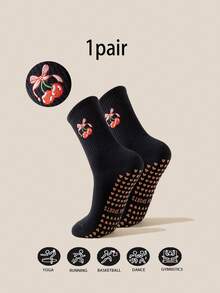 1/3/6 Pairs Women's Black & White Cherry Tennis Racket Pattern Pilates Silicone Non-Slip Sports Yoga Socks, Suitable For Indoor Professional Fitness, Dance Training - Multicolor - View 18