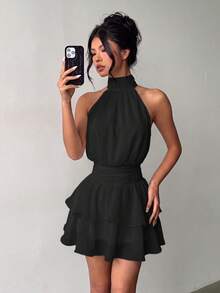 Elegante Vestido Mini de Moda con Cuello Halter, Espalda Descubierta y Volantes en Capas - Boda - Negro - Ver 3