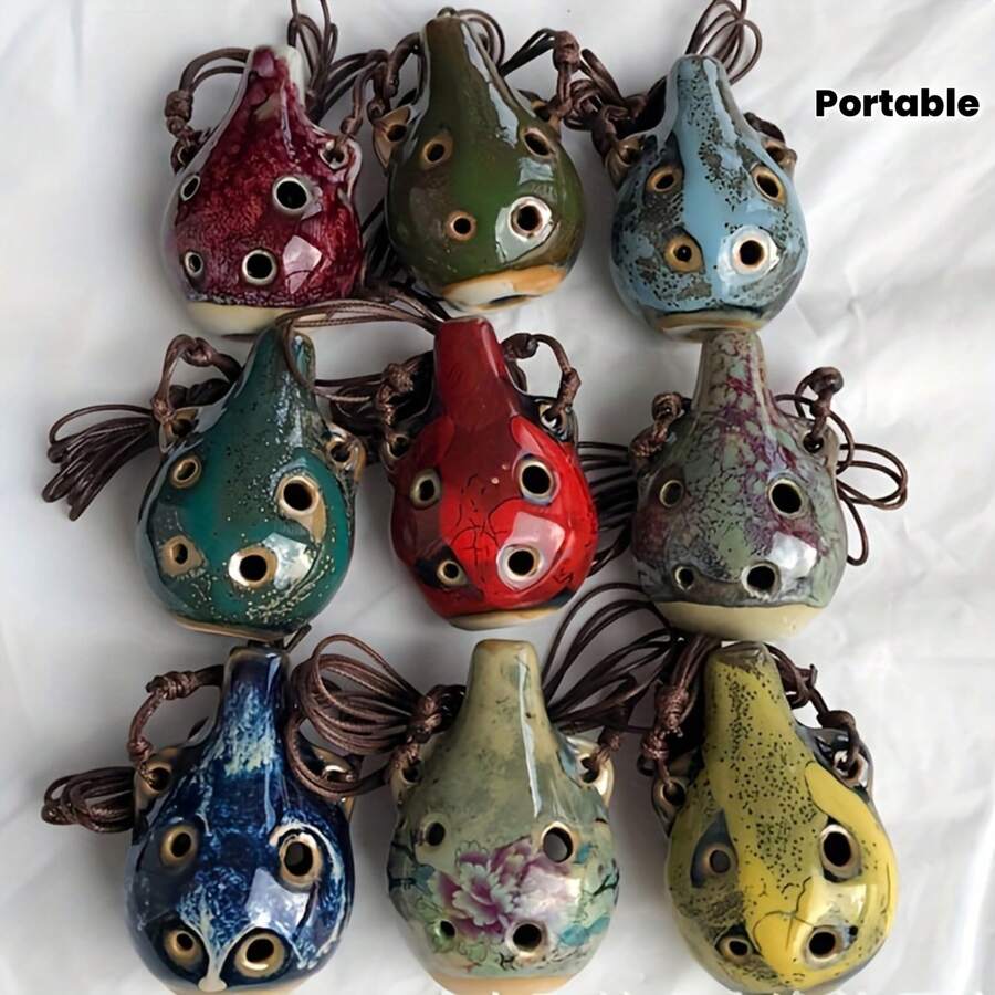 1pc 6-Hole Ceramic Ocarina - Vintage Style 6-Hole Mini Ocarina, Portable Mini Wind Instrument With Adjustable Lanyard, Purple/Red/Green/Blue/Yellow Multi-Color Options, Ideal For Music Lovers And Beginners - Multicolor - View 1