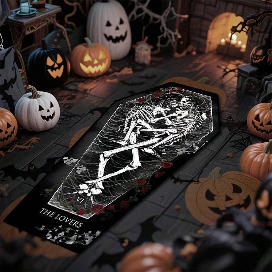 1pc Black 2-Skull Rose Holiday Horror Rug, Black Background Holiday Pattern Atmosphere Decorative Carpet, Living Room Area Rug, Home Decor, Room Decoration, Washable Carpet