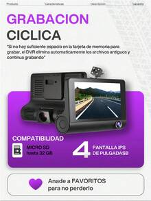 La cámara montada en el vehículo cuenta con una pantalla LCD TFT de 4 pulgadas, resolución de alta definición de 1080P, grabación de visión nocturna automática de 360 ​​grados, admite varios idiomas y admite hasta 32 GB de memoria expandible. - negro - Ver 3