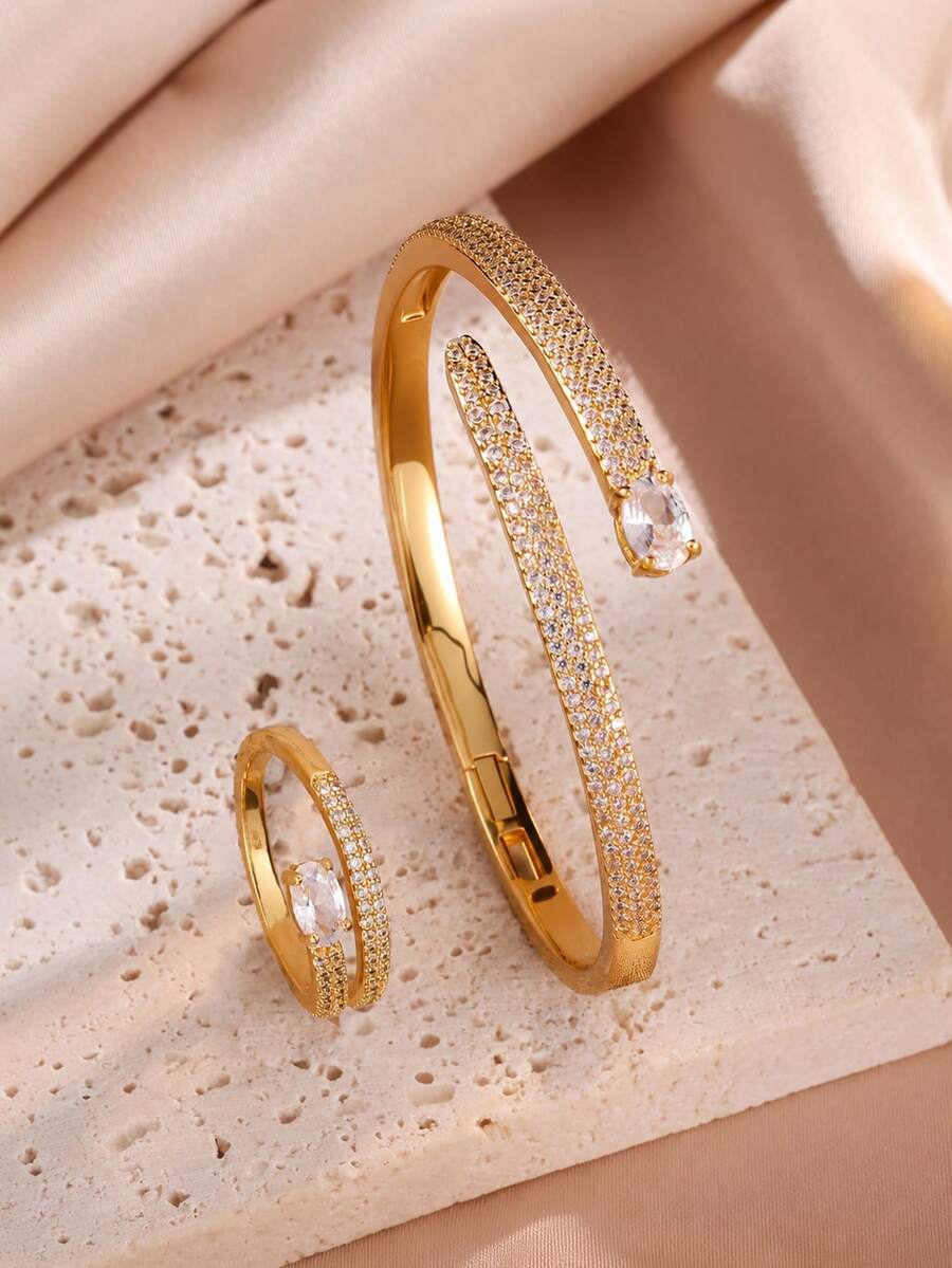 rakol 2pcs Fashion Minimalist Cubic Zirconia Pave Open Ring & Bracelet Set, 18K Gold Color, Suitable For Women's Daily Commute And Business Wear - Style 2 - View 1