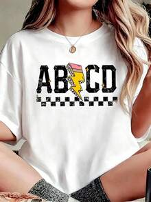ABCD Rock Student Teacher Back To School First Day Of School-Shirt. Casual Crew Neck Short Sleeved Summer TopArt Summer Top Art-Shirt Women - 白色 - 查看 1