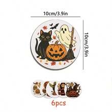 1 Set Wooden Halloween Ghost Pumpkin Coasters With Cork Base And Iron Frame, Gothic Wooden Beverage Coasters, Suitable For Halloween Party Supplies, Gift For Friends - Multicolor - View 3