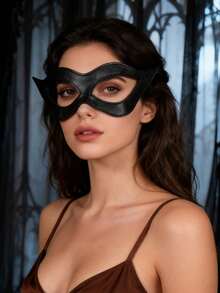 1pc Halloween Black Cat Eye Mask, Women's Black PU Leather Mask. Suitable For Halloween Party Cosplay - A - View 3