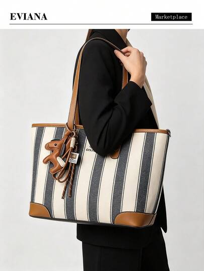 2026 Fashion New Slouchy British Stripe Tote Bag Women Color Block Large Capacity Commuter Handbag Minimalist Casual Shoulder Bag With Strap And Pendant PU