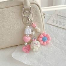 Korean Style Long Ear Rabbit Bag Charm, Flower Heart Beaded Keychain, Pearl Pendant Backpack Hanging Chain, Sweet Y2K Style Handbag Decoration, Gift For Girls - Multicolor - View 3