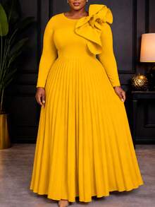 Gaun Maxi Lipit Kuning Ukuran Plus Elegan untuk Wanita, Leher Bulat, Ruffle Tidak Beraturan, Lengan Panjang, Cocok untuk Acara Formal Gereja, Pesta, dan Musim Gugur. - Kuning - View 5