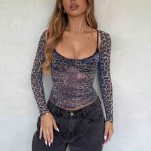 Women's Autumn Leopard Print Top With Large Scoop Neck And Long Sleeves, Suitable For Dates And Parties - Grey - View 3