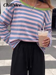 Women Fall Elegant Off‑Shoulder Long Sleeve Top, Color Block Stripe Loose Casual Blouse For Holiday Festival - Multicolor - View 9