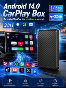 XUDA Android 14 2026 新款無線 CarPlay 與 Android Auto 智能盒子 3 合 1 四核 2GB+16GB/4GB+32GB 內建應用程式，支援 98% 原廠有線 CarPlay 或有線 Android Auto 車型 - A - 查看 2