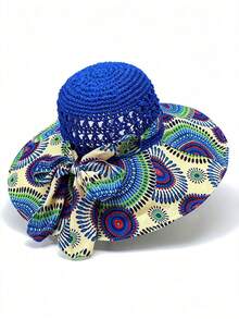 1 buah Topi Matahari Jerami Wanita, Topi Pantai Bertepi Lebar untuk Musim Semi/Panas, Perlindungan Matahari, Liburan, Gaya Bohemian - Biru laut - View 3