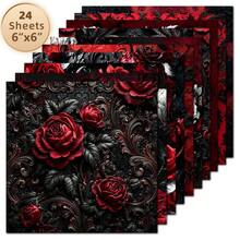 2D FLAT Baroque Relief Red & Black Rose Decorative Paper 24 Sheets 6*6 Inch Vintage Dark Pattern Scroll Black & White Rose Distressed Scrapbook Background Paper Gothic Dark Atmosphere Material Niche Vintage Scrapbook, Dark Valentine's Day Card, Decorative Painting, Anniversary Gift Wrapping DIY Material - Square - View 2