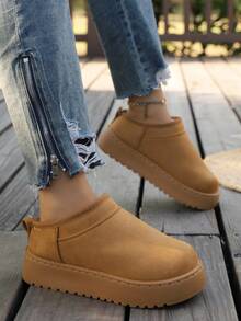 Dicke Sohle Schneestiefel Winter Leder Fellfutter Fleece Verdickt Warm Lässig Mode Pendeln Vielseitig Winterschuhe Schneestiefel Hauskleidung - Kamelfarben - Übersicht 1