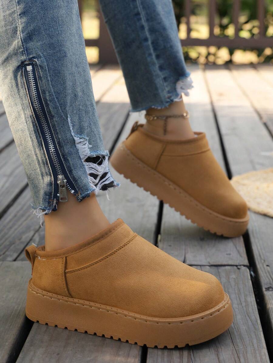 Dicke Sohle Schneestiefel Winter Leder Fellfutter Fleece Verdickt Warm Lässig Mode Pendeln Vielseitig Winterschuhe Schneestiefel Hauskleidung - Kamelfarben - Übersicht 1
