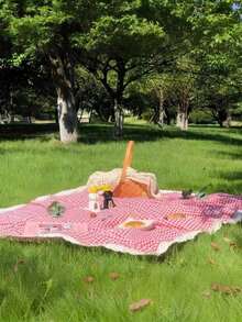1pc Charming Red & White Plaid Rectangular Picnic Blanket - Woven Rayon Tablecloth With Lace Trim, Suitable For Winter Camping, Beach Outings, Photography Backdrop, Picnic Accessories - Multicolor - View 6