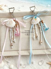 Fresh Shell Wishing Bottle Keychain, Soft Ribbon Beaded Bag Charms, Aesthetic Girly Pendant Gift For Girls - Multicolor - View 8