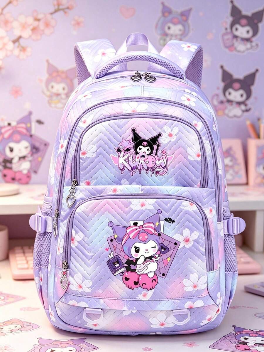 SANRIO 1件 Kuromi 印花女款時尚後背包,紫色大容量尼龍材質,可調節肩帶,適合返校、旅行與日常使用 - 彩色 - 查看 1