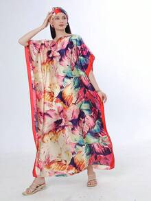1 Peça Roupão Feminino de Seda Falsa com Estampa Floral e Conjunto de Lenço Pequeno, Decoração de Roupa Externa para Praia, Proteção Solar, À Prova de Vento, Uso Diário - Multicolorido - Visão 6