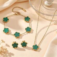 1 Set Elegant Fashion Stainless Steel Gold-Plated Lucky Five-Leaf Clover Bracelet Necklace Earrings, Suitable For Party, Wedding Occasions - Multicolor - View 9