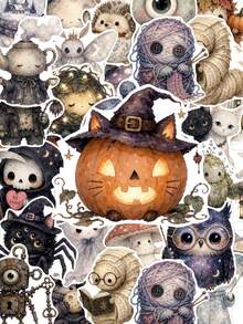 TOM AND JERRY. 50pcs Watercolor Gothic Style Halloween Cute Monster Waterproof Stickers, Ghost Bat Pumpkin Witch Doll Dragon Pattern Stickers, Suitable For Water Bottle Notebook Planner Luggage Phone Case - Multicolor - View 1