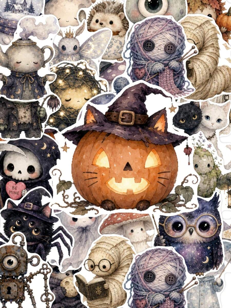 TOM AND JERRY. 50pcs Watercolor Gothic Style Halloween Cute Monster Waterproof Stickers, Ghost Bat Pumpkin Witch Doll Dragon Pattern Stickers, Suitable For Water Bottle Notebook Planner Luggage Phone Case - Multicolor - View 1