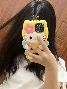 SANRIO 黃色卡通 Hello Kitty 花朵小蝴蝶全包覆矽膠 3D 軟質防摔手機保護殼，適用於 iPhone 13/14/15/16/Pro Max，顏色依圖片所示，黃色 - 粉色 - 查看 2