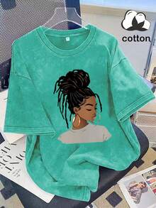 2026 Summer Women's Casual Short Sleeve T-Shirt, Hot Girl Portrait Print, Washed Cotton Crew Neck Tee, 100% Cotton Everyday Wear, Available S-3XL - 湖綠 - 查看 11