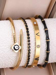 4pcs/1pc Stackable Gold Tone Bracelet Set, Evil Eye Open Bangle, Tennis Chain, Spiral Pattern Stainless Steel Bangle Bamboo Bead Br - Yellow Gold - View 4