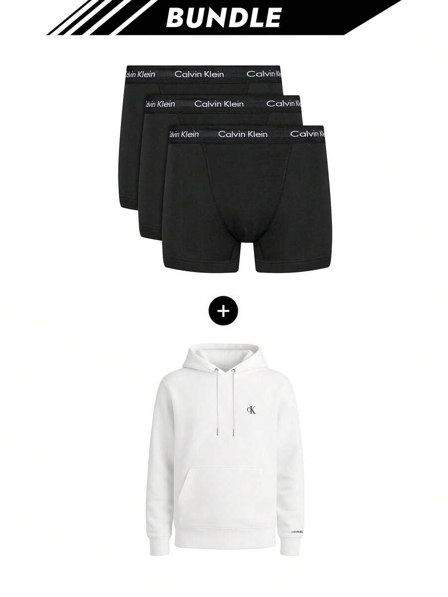 Calvin Klein [Bundle] Micro Stretch 3 Packs Men's Boxers + Washed Monologo Essential Men's Hoodie White - Black+White - View 1